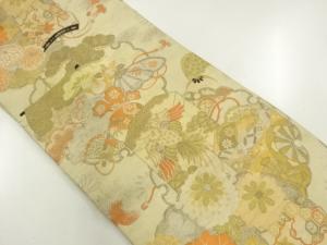 アンティーク　貝桶に松菊模様織出し名古屋帯（材料）
